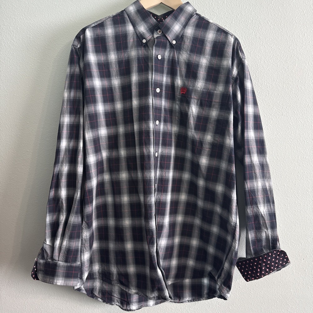 Cinch Men's Medium Navy Red ‎ Plaid Long Sleeve Western Button Down Shirt EXC